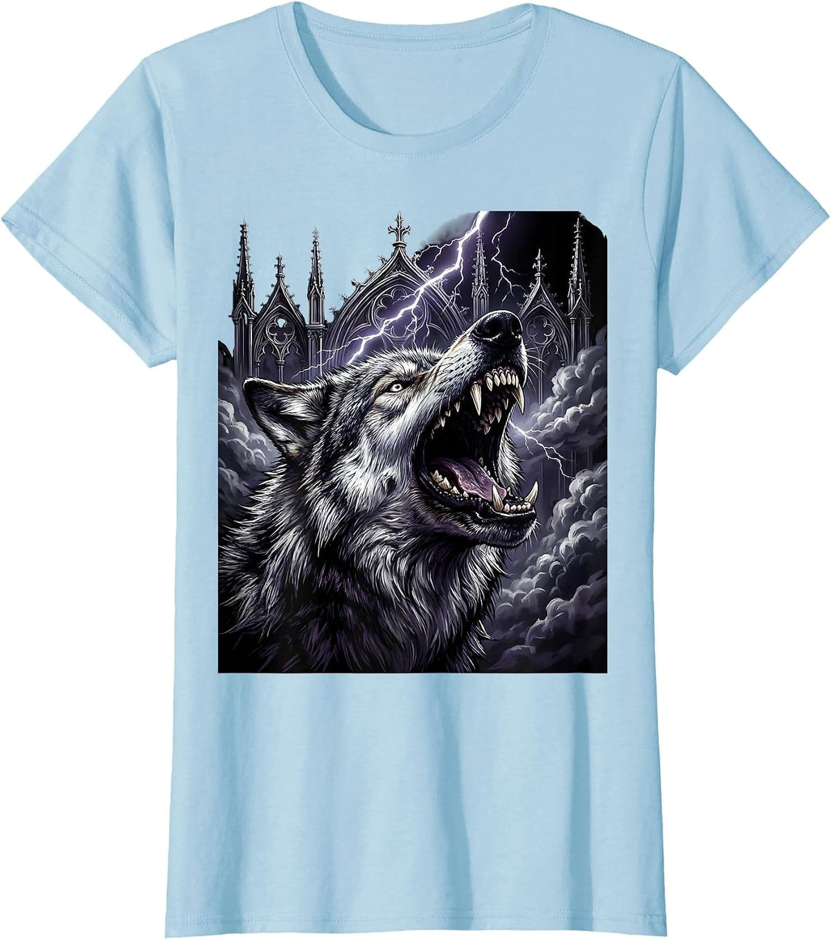 Snarling Wolf Lightning Thunderstorm Graphic T-Shirt - Baby Blue