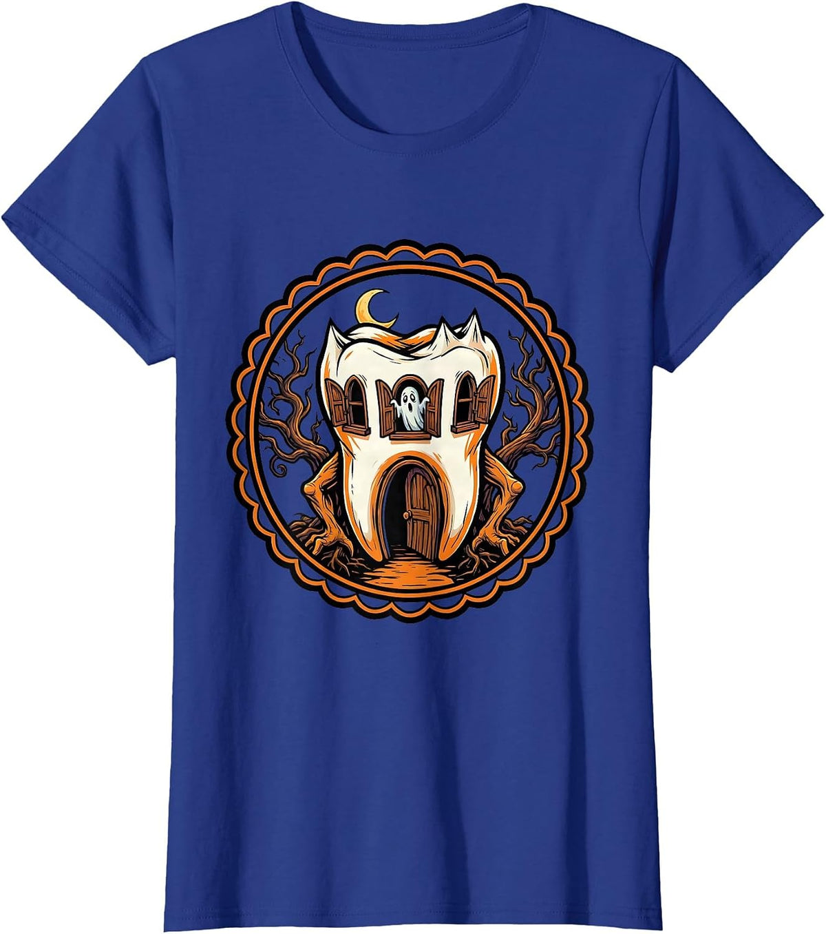 Women's Haunted Molar House Dental Halloween Design T-Shirt - Royal Blue