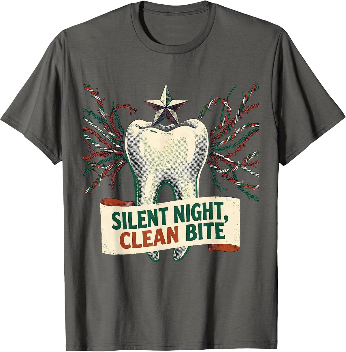 Silent Night, Clean Bite Vintage Dental Christmas Dentist T-Shirt - Asphalt Grey