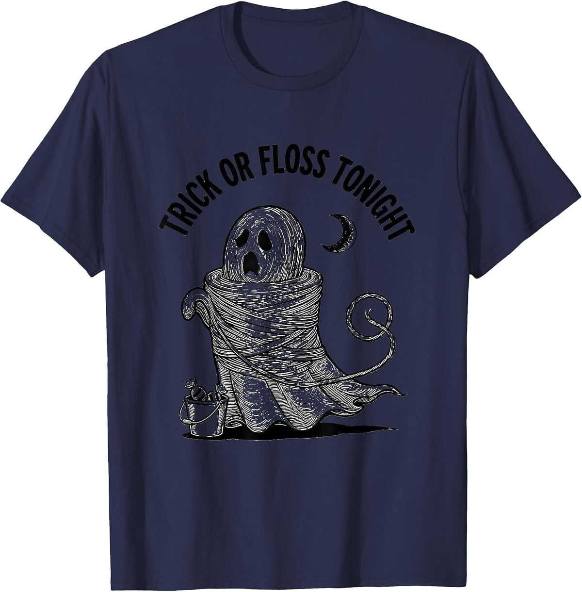 Trick Or Floss Tonight Line Art Halloween Dentist Costume T-Shirt - Navy Blue