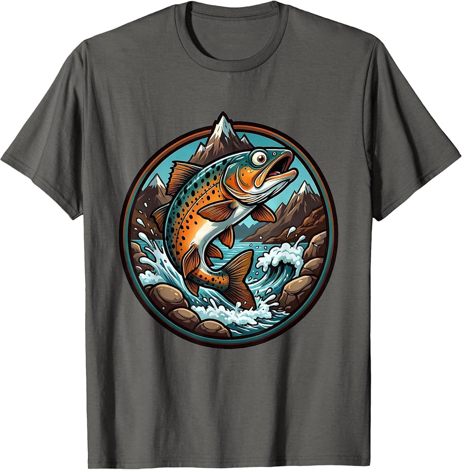 Trout Swimming Upstream Mountain Rapids Graphic T-Shirt - Asphalt Grey