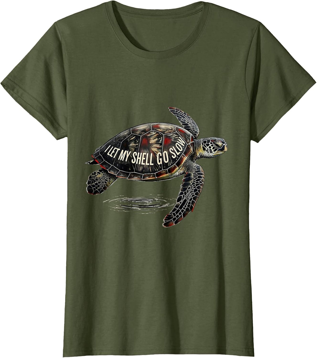 Women's I Let My Shell Go Slow Ink Brush Sea Turtle Ocean Animal T-Shirt - Olive Green
