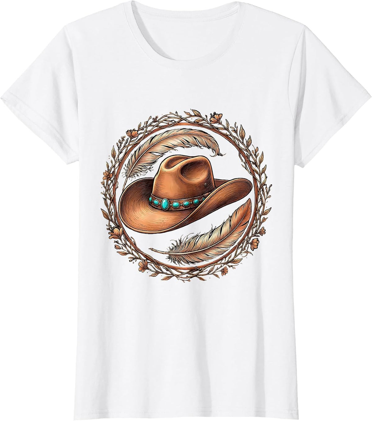 Women's Cowgirl Hat Feathers and Turquoise Gems Western T-Shirt - White
