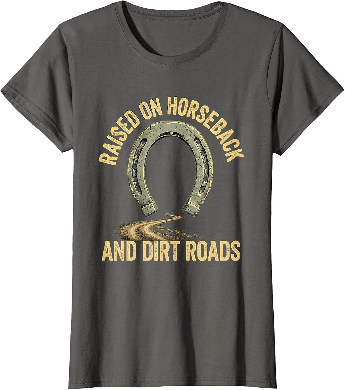 Women's Raised On Horseback And Dirt Roads Boho Western Cowboy Rodeo T-Shirt - Asphalt Grey