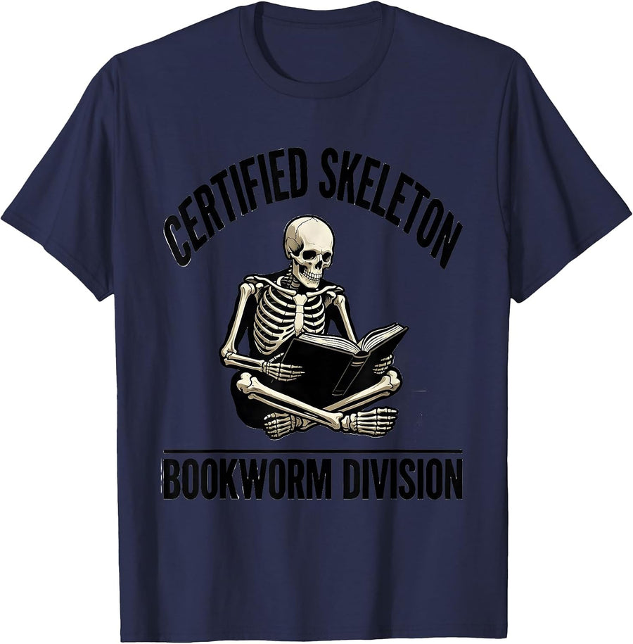 Certified Skeleton Bookworm Division Funny Halloween Costume T-Shirt - Navy Blue