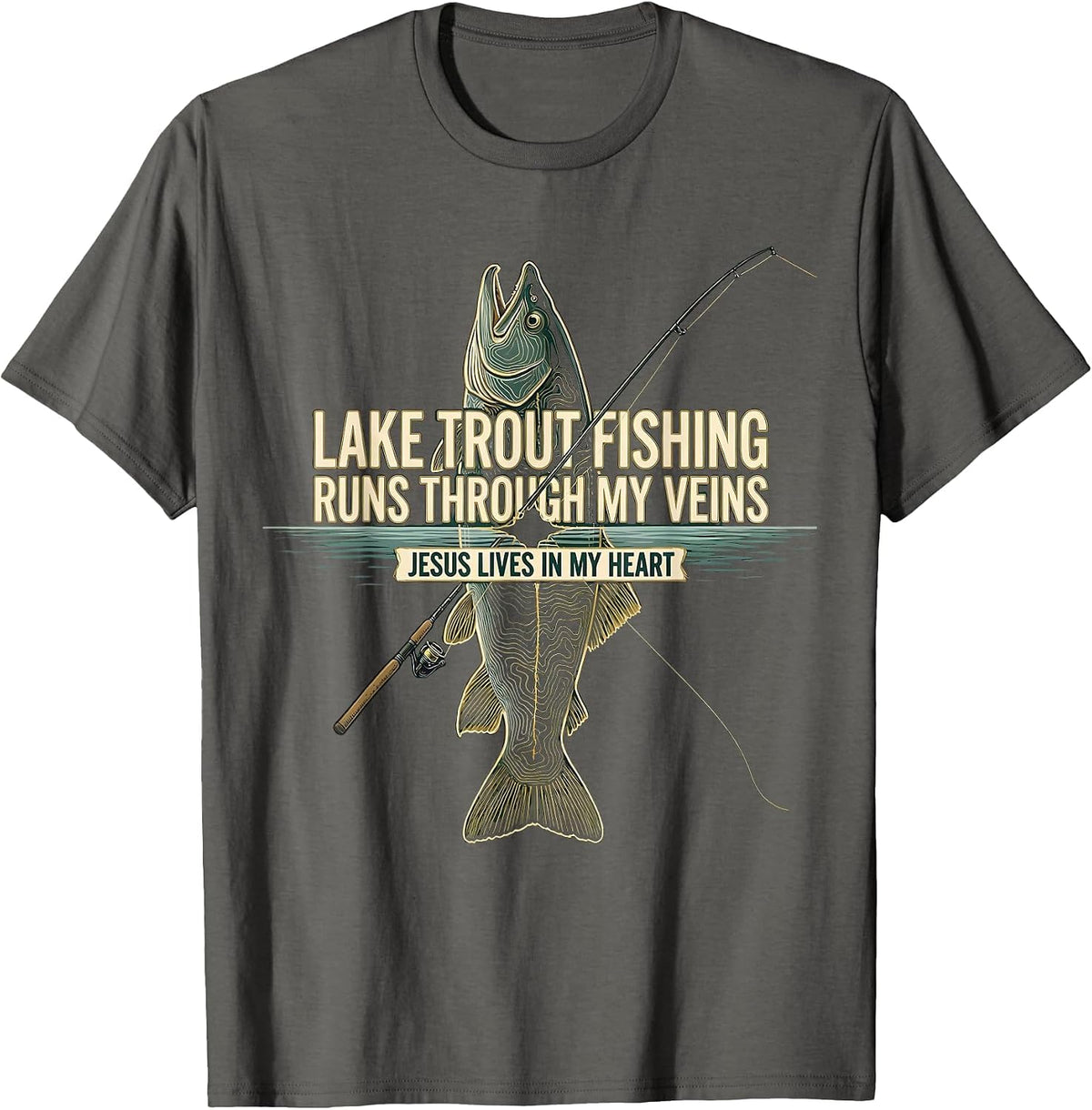 Men's Lake Trout Fishing Runs Through My Veins Jesus Lives T-Shirt - Asphalt Grey
