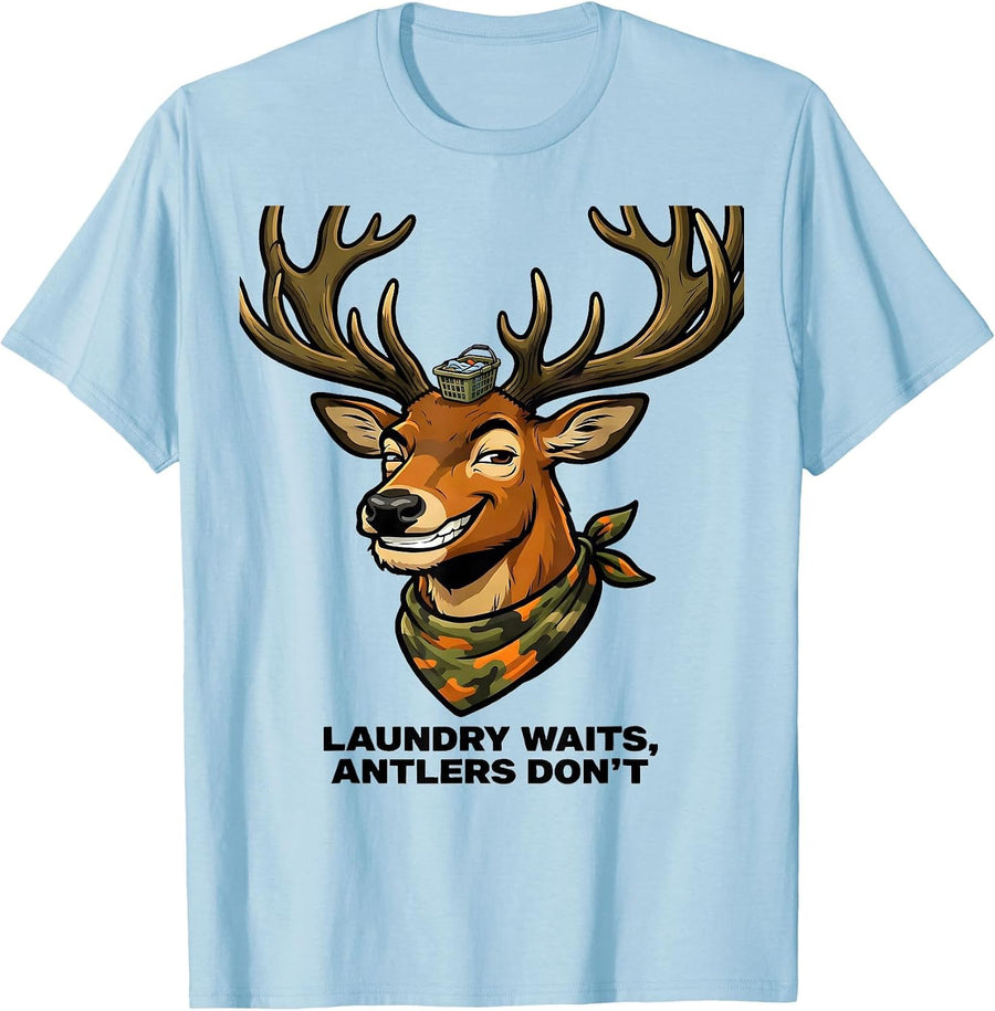 Men's Laundry Waits, Antlers Don't Funny Cartoon Deer Hunting Camo T-Shirt - Baby Blue