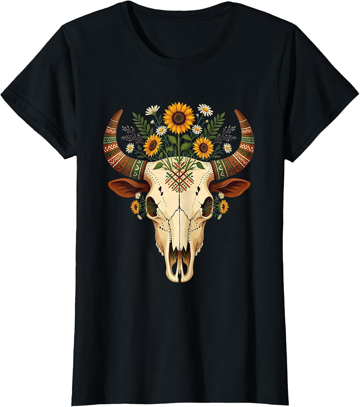 Cow Skull Wildflowers Western Floral Nature Art T-Shirt - Black