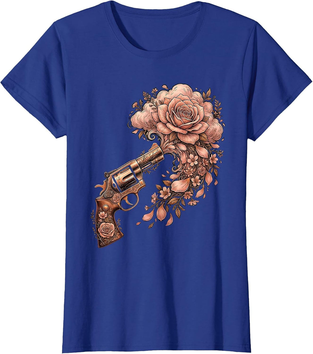 Women's Floral Revolver Western Wildflower Gun Design T-Shirt - Royal Blue
