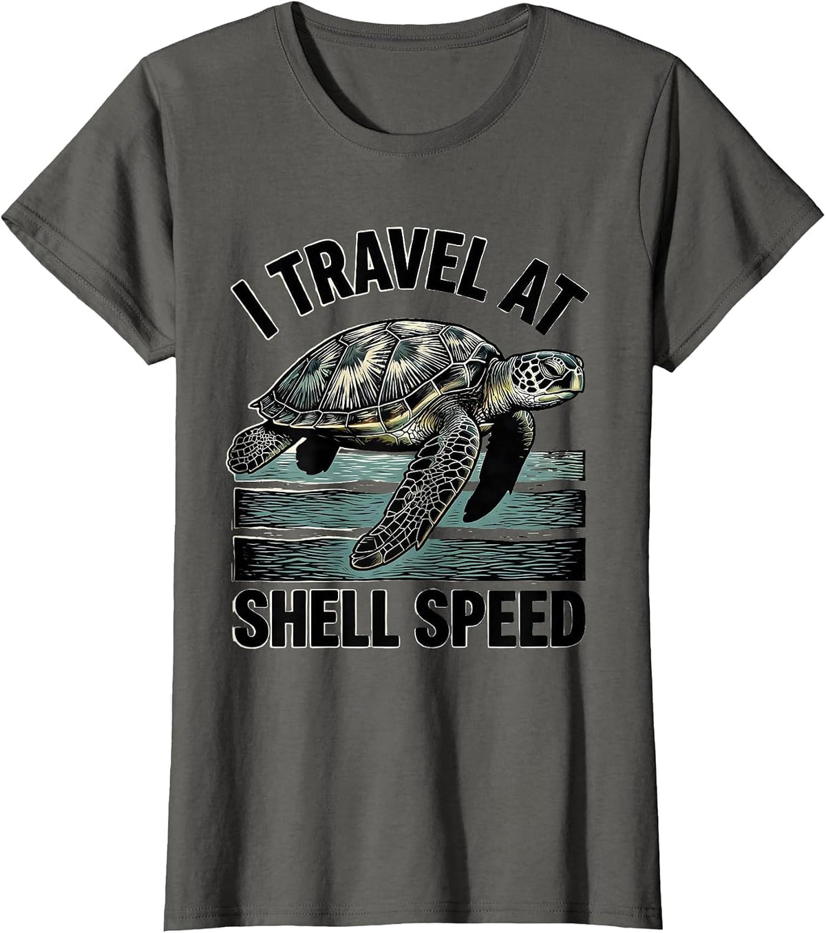 Women's I Travel At Shell Speed Woodcut Engraving Sea Turtle Lover T-Shirt - Asphalt Grey