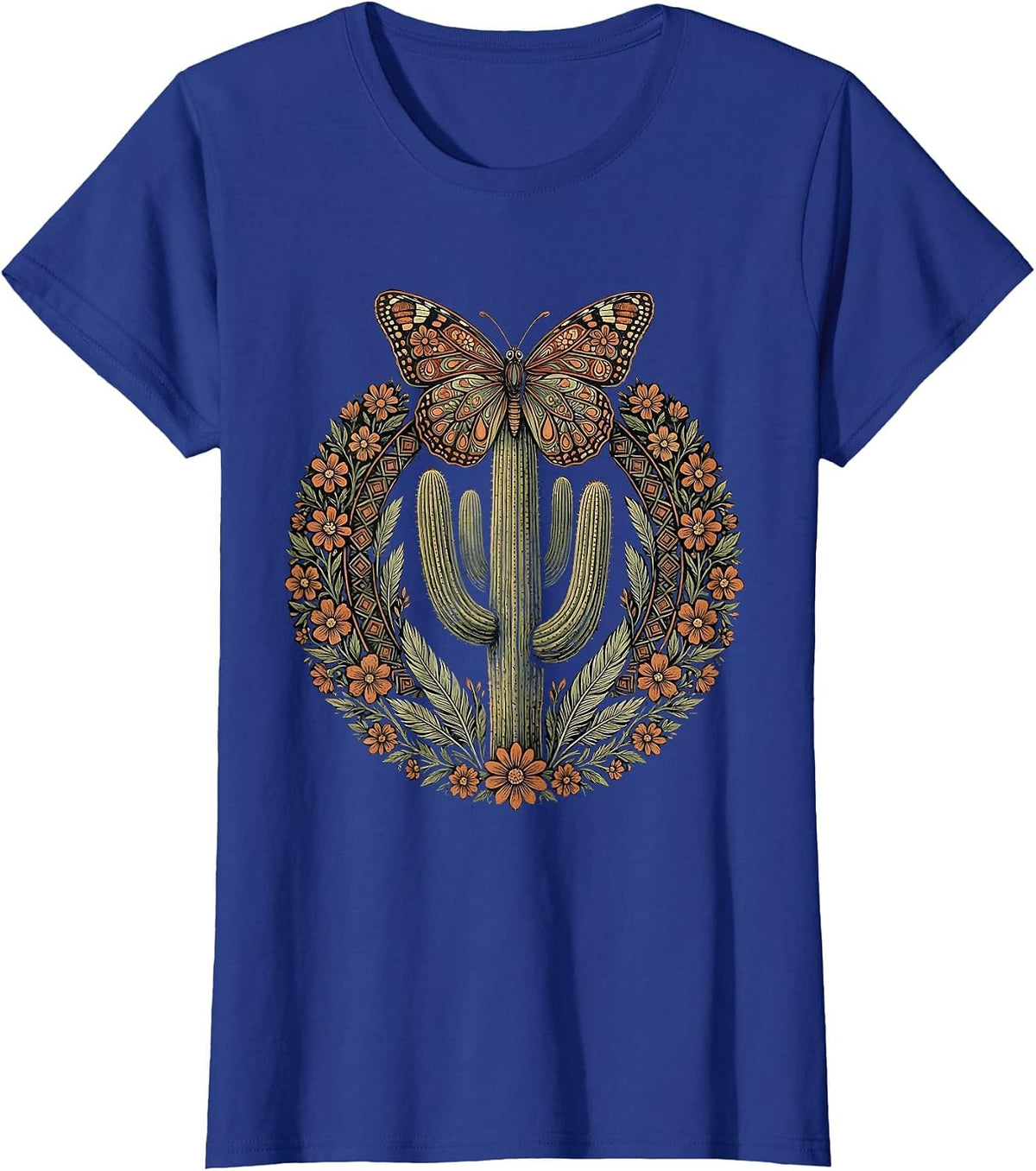 Women's Butterfly on Cactus Spine Western Desert Art T-Shirt - Royal Blue