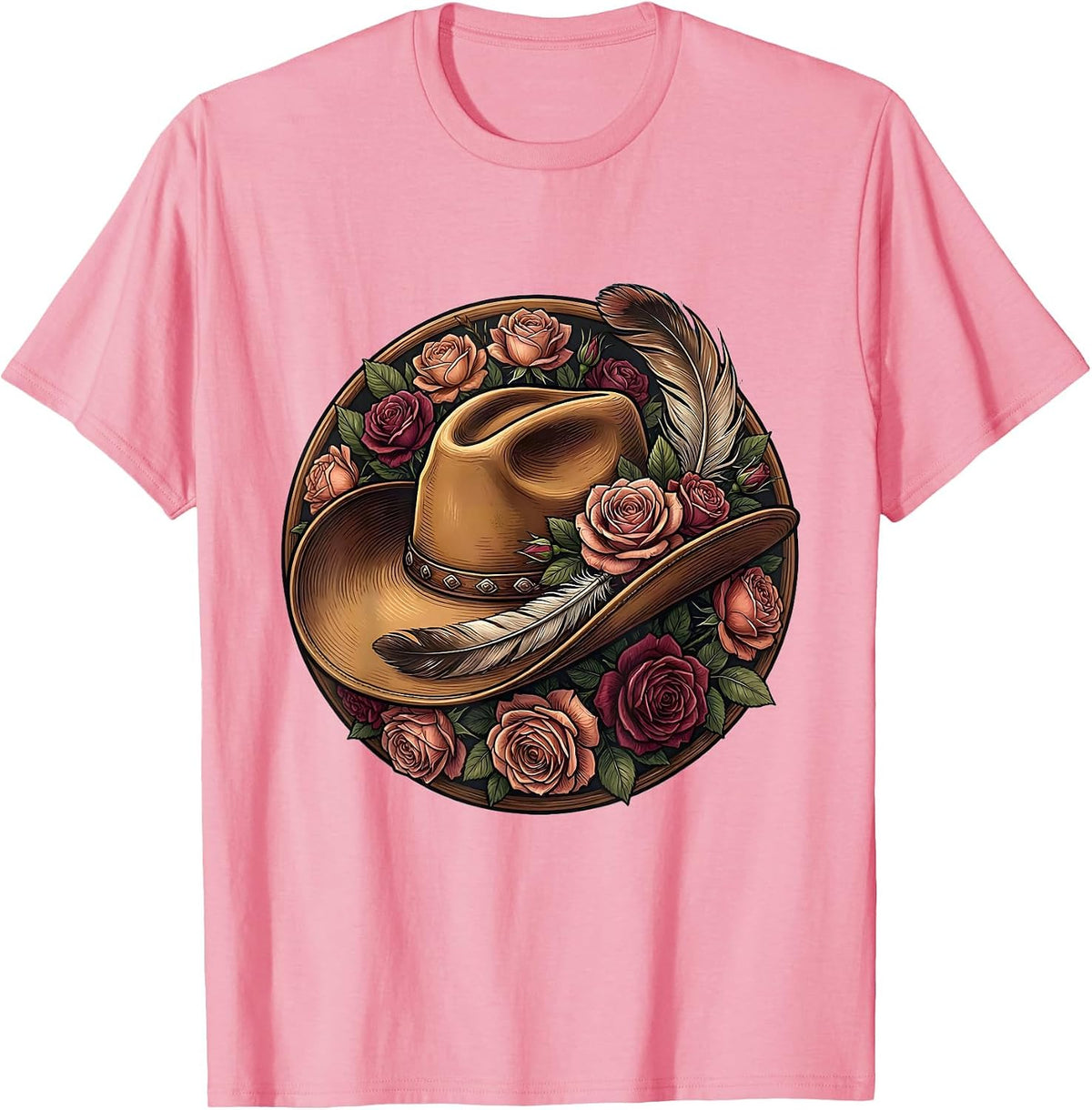 Men's Cowgirl Hat Feather and Roses Rodeo Design T-Shirt - Pink