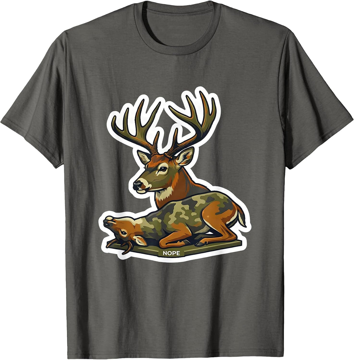 Nope Funny Camo Deer Hunting Buck Humor Sticker T-Shirt - Asphalt Grey
