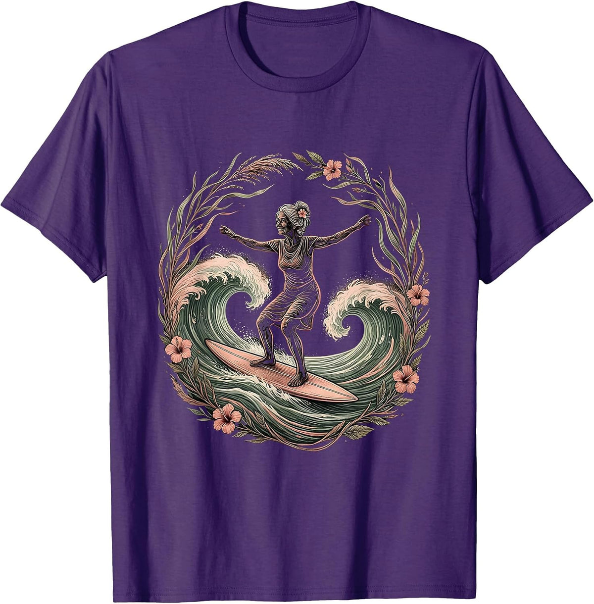 Mimi Surfer Grandma Riding Ocean Wave T-Shirt - Purple