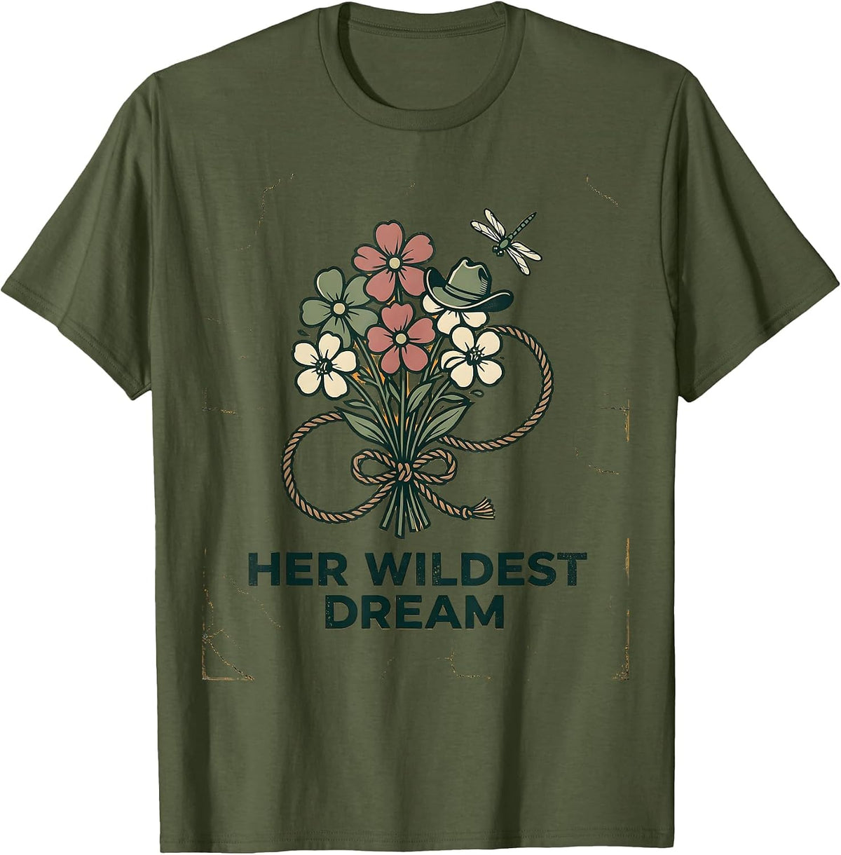 Her Wildest Dream Floral Boho Western Design T-Shirt - Olive Green