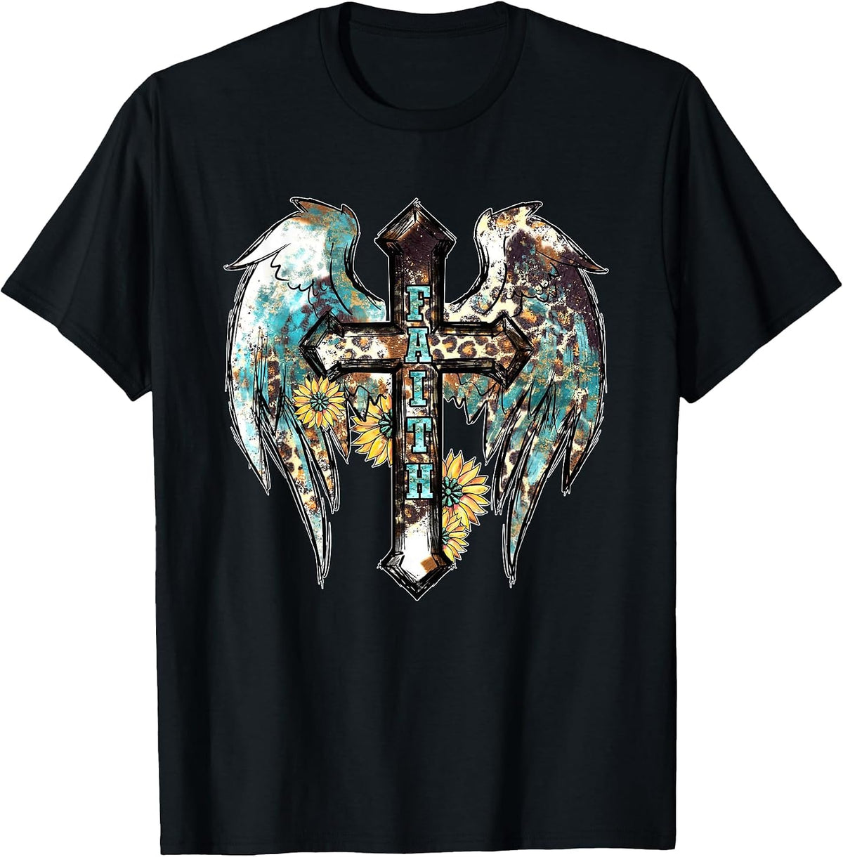 Christian Western Cross with Sunflower Decor for Women Faith T-Shirt - Black