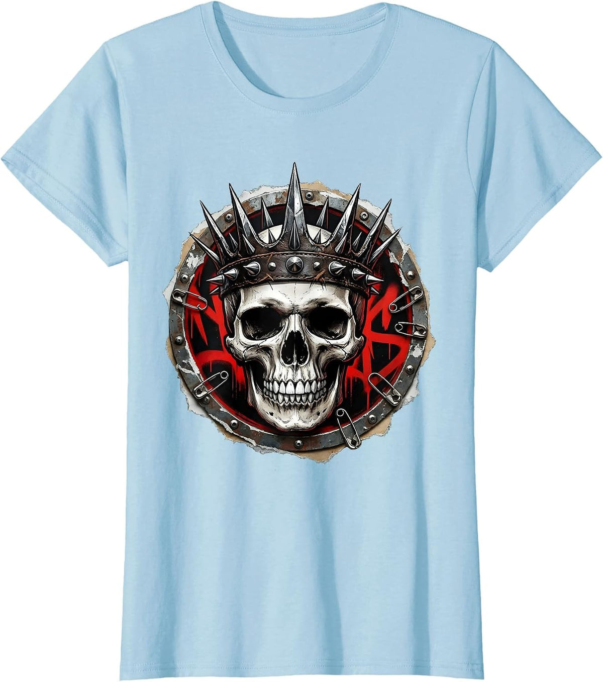 Skull Spiked Leather Crown Rock Graphic Tee T-Shirt - Baby Blue