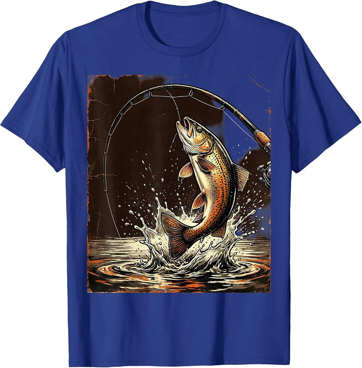 Men's Fishing Rod Bent Leaping Trout Camping Graphic T-Shirt - Royal Blue