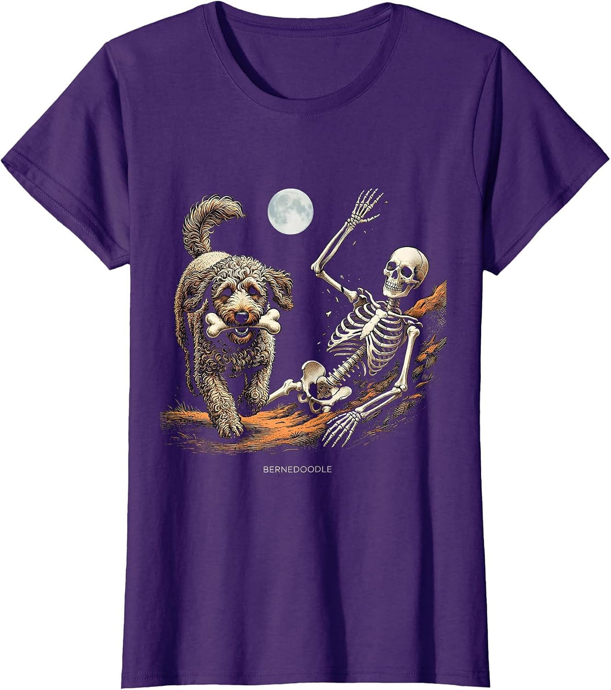 Women's Bernedoodle Funny Skeleton Chasing Halloween Dog Mom Pet T-Shirt - Purple