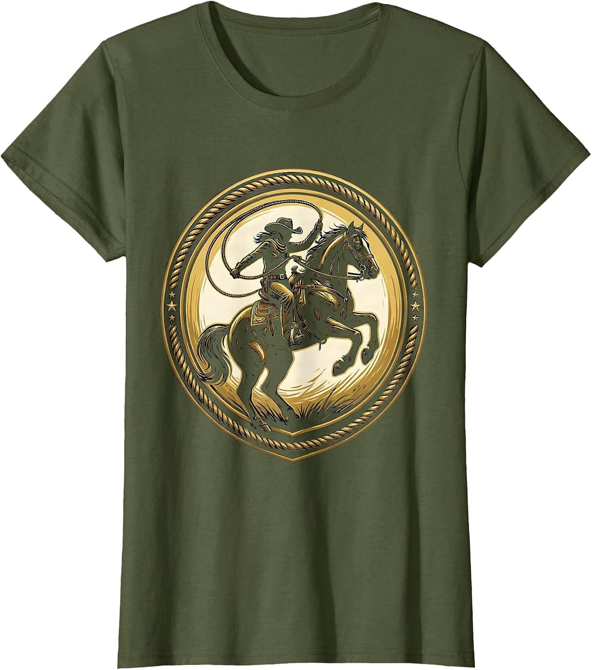 Women's Cowgirl Rope Trick Horseback Western Rodeo Art T-Shirt - Olive Green