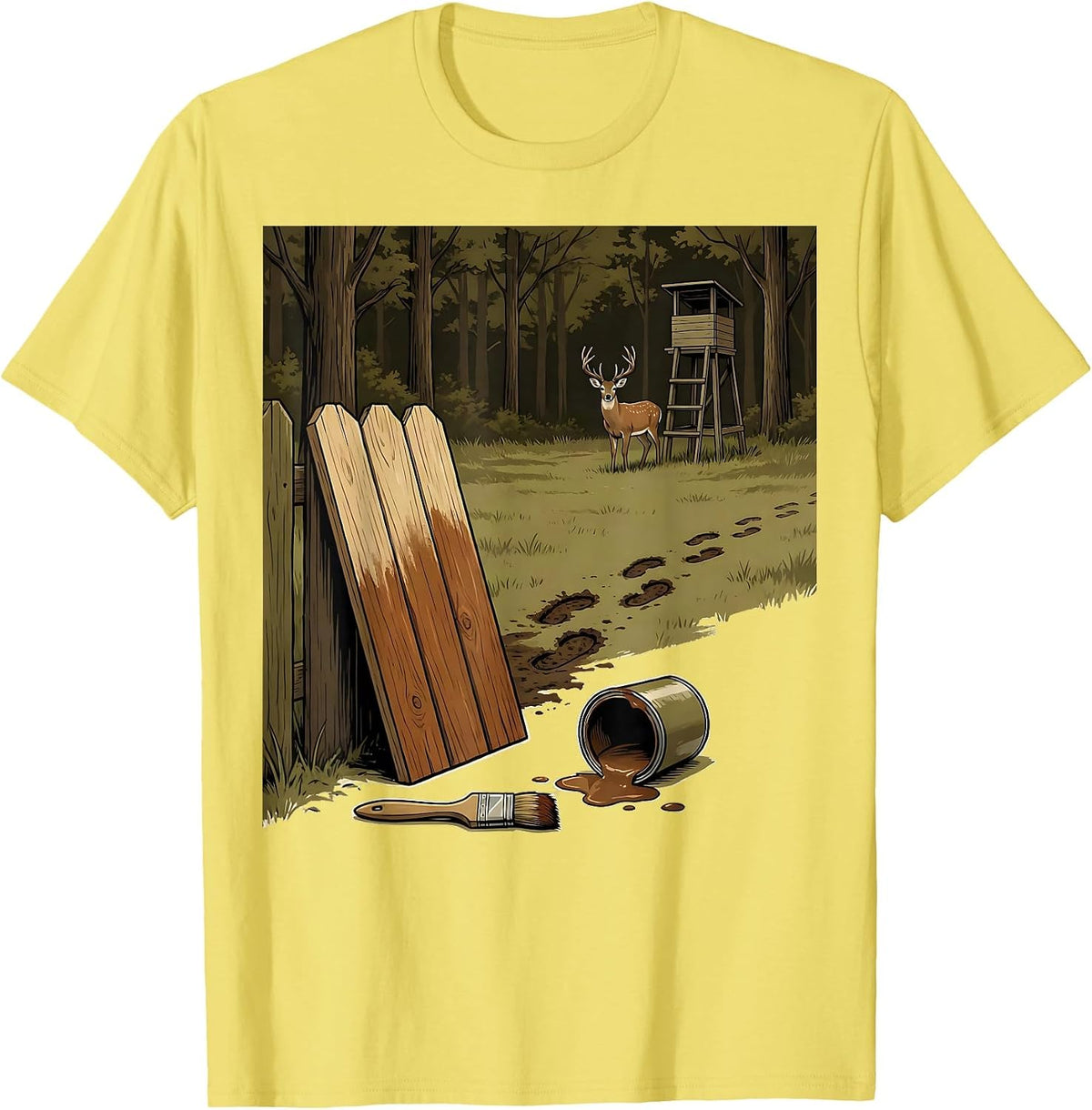 Men's Half-Painted Fence Board Deer Hunting Dad Humor T-Shirt - Lemon Yellow
