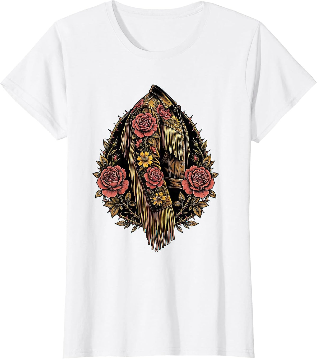 Women's Floral Embroidery Fringe Western Jacket Sleeve T-Shirt - White