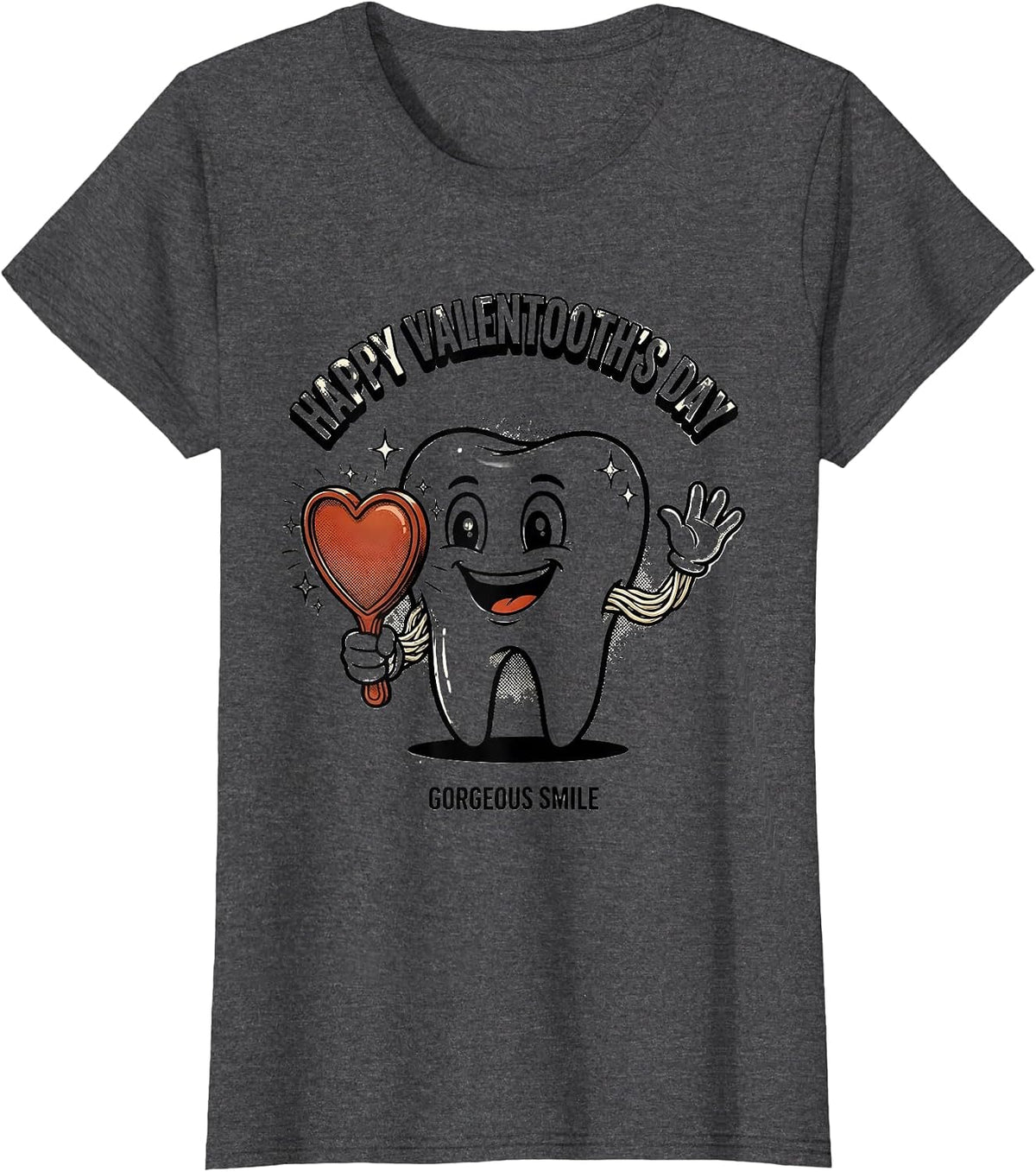 Women's Happy Valentooth's Day Gorgeous Smile Retro Cartoon Dental T-Shirt - Dark Heather Grey