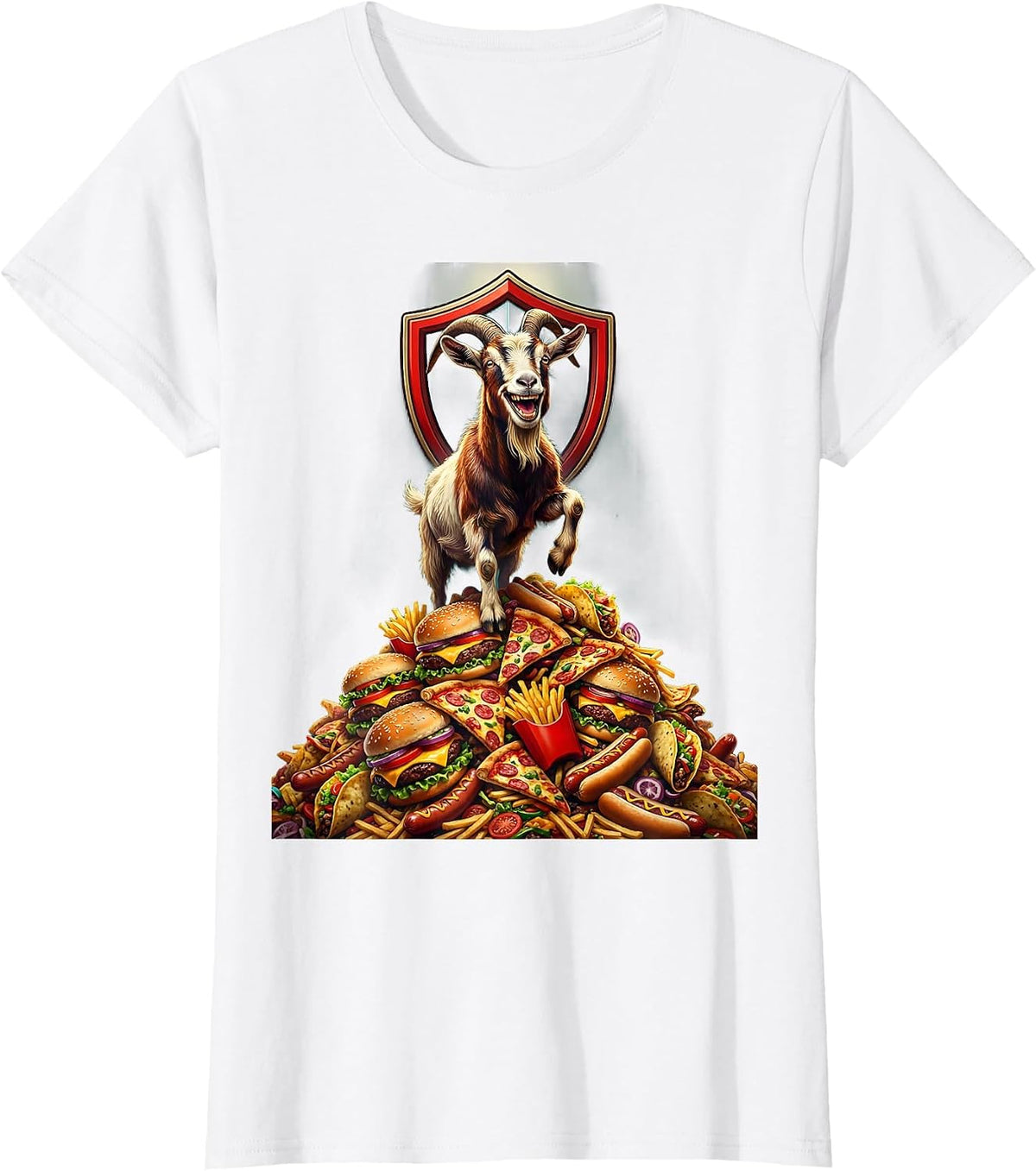 Women's Goat on Fast Food Mountain Funny Humor Graphic T-Shirt - White