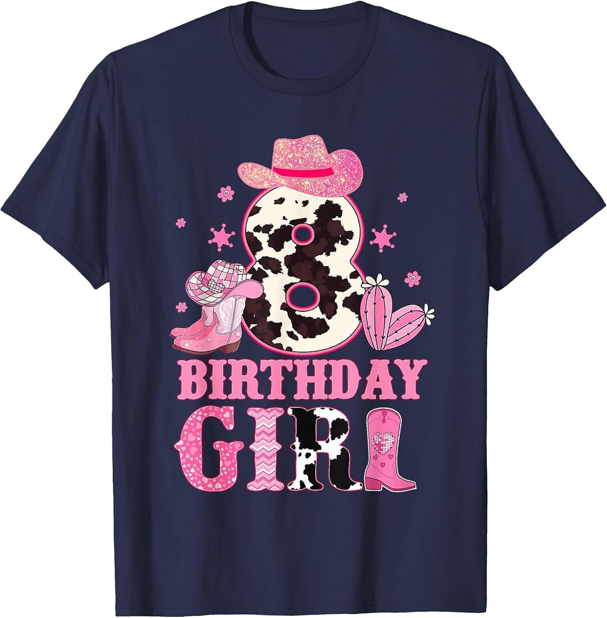 Kids 8th Birthday Girl Rodeo Western Cowgirl Birthday Party T-Shirt - Navy Blue