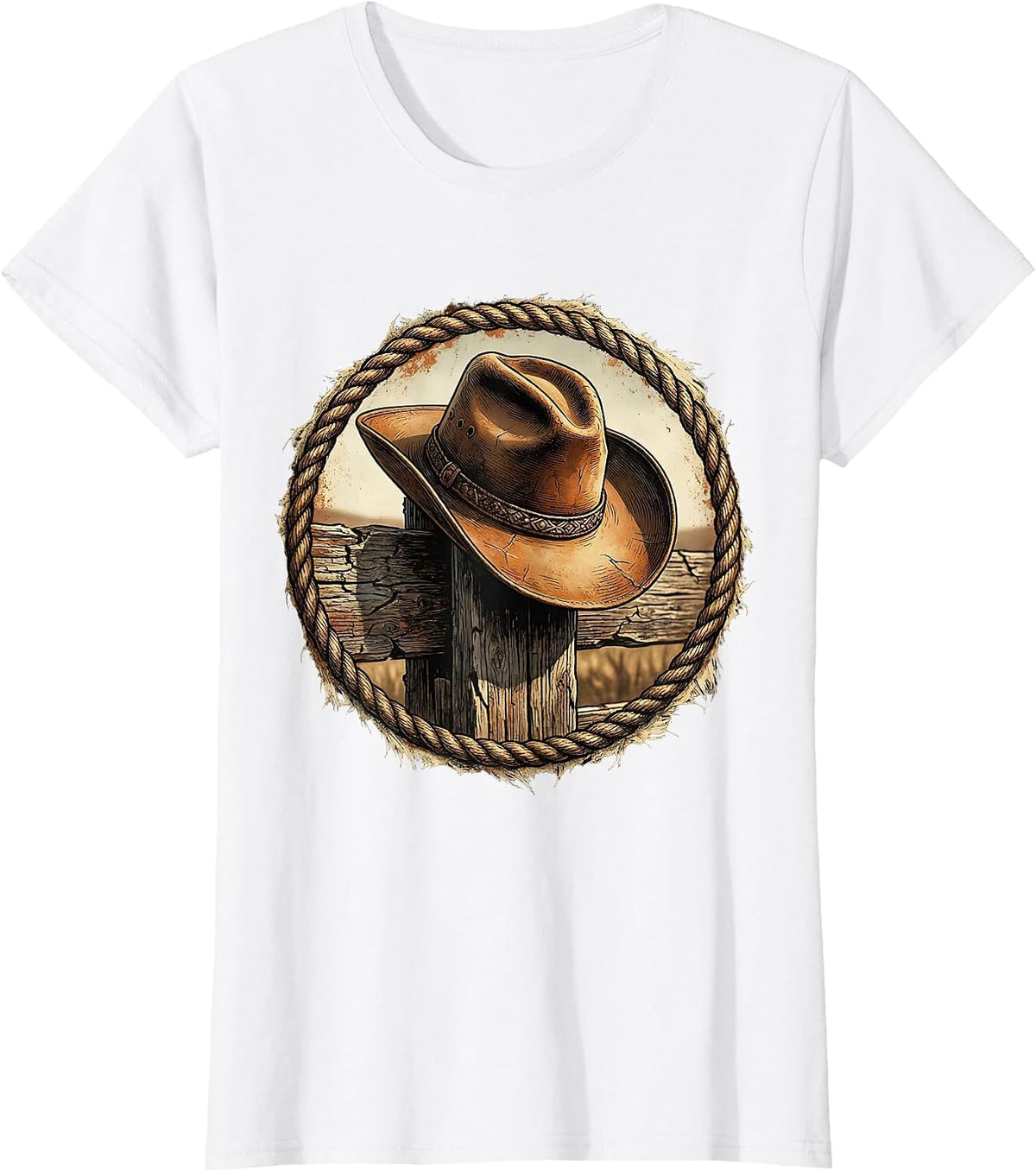 Cowgirl Hat on Wooden Post Rodeo Illustration T-Shirt - White