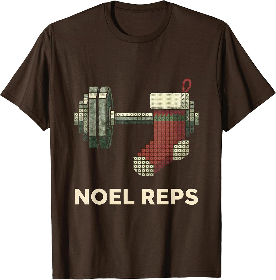 Noel Reps Cross Stitch Sampler Funny Gym Weightlifting T-Shirt - Brown