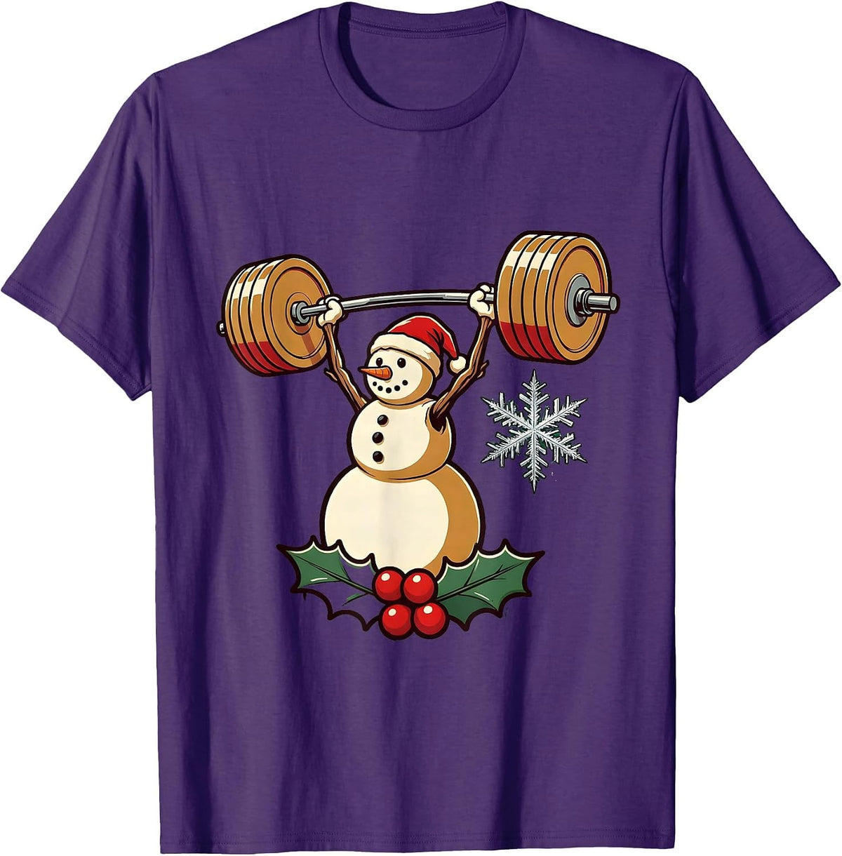 Santa Snowman Barbell Gym Workout Christmas Humor T-Shirt - Purple