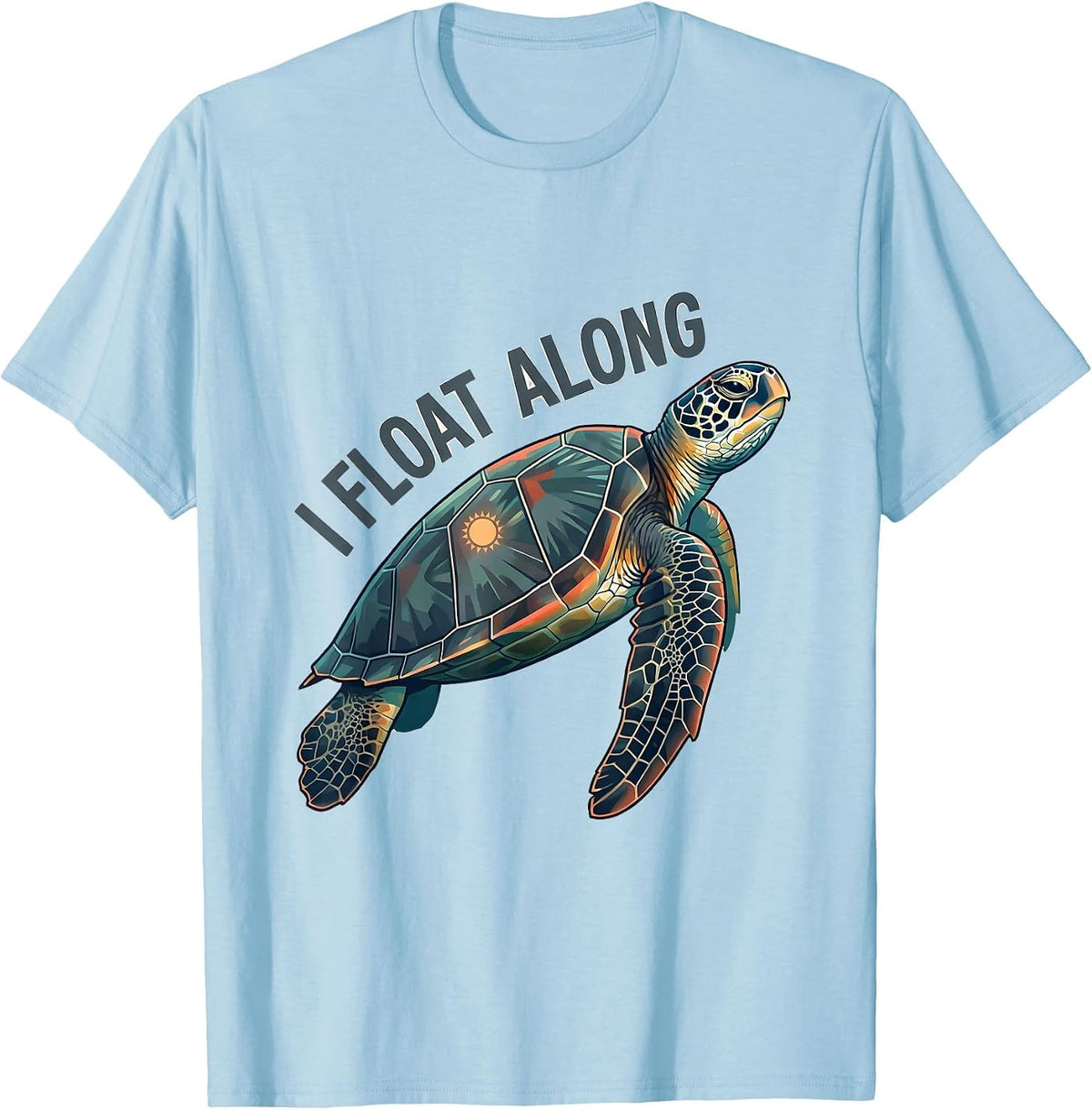 Men's I Float Along Flat Vector Sea Turtle Tropical Vacation T-Shirt - Baby Blue