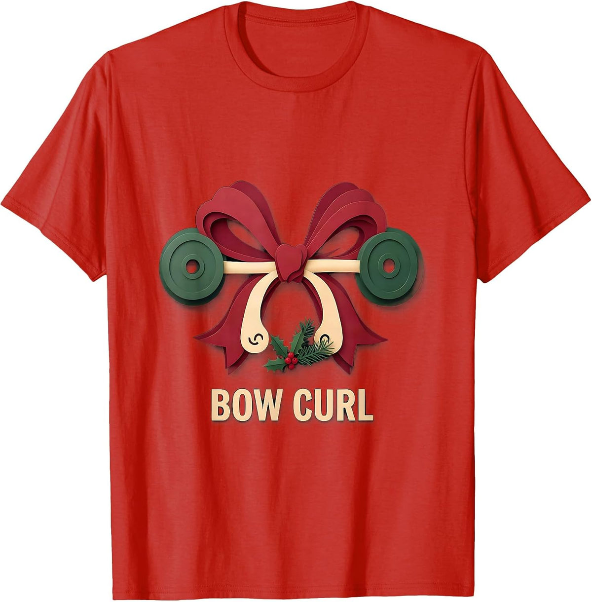 Men's Bow Curl Funny Christmas Gym Workout Fitness Gift T-Shirt - Red