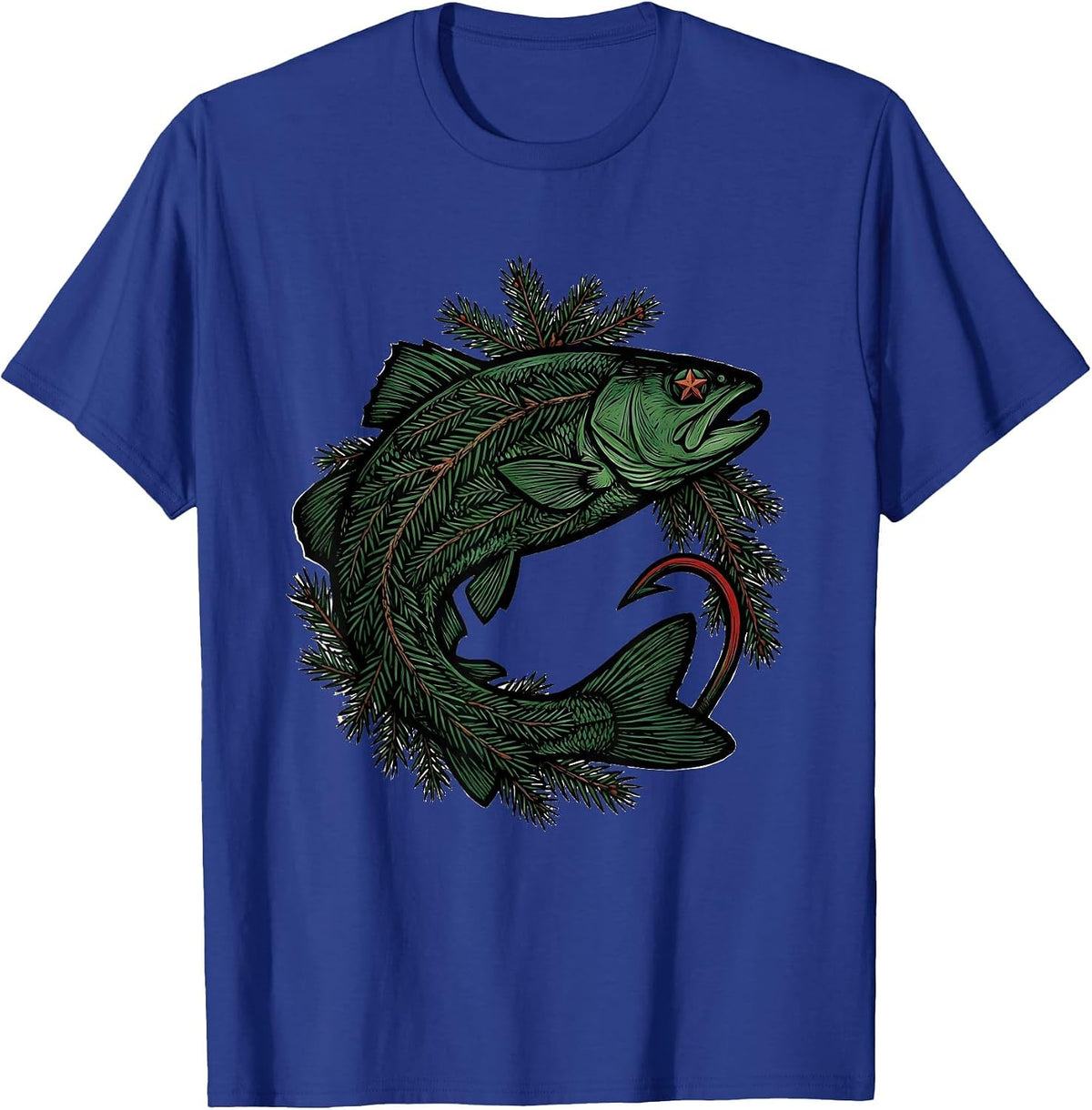 Trout Wreath Woodcut Engraving Funny Fisherman Christmas T-Shirt - Royal Blue
