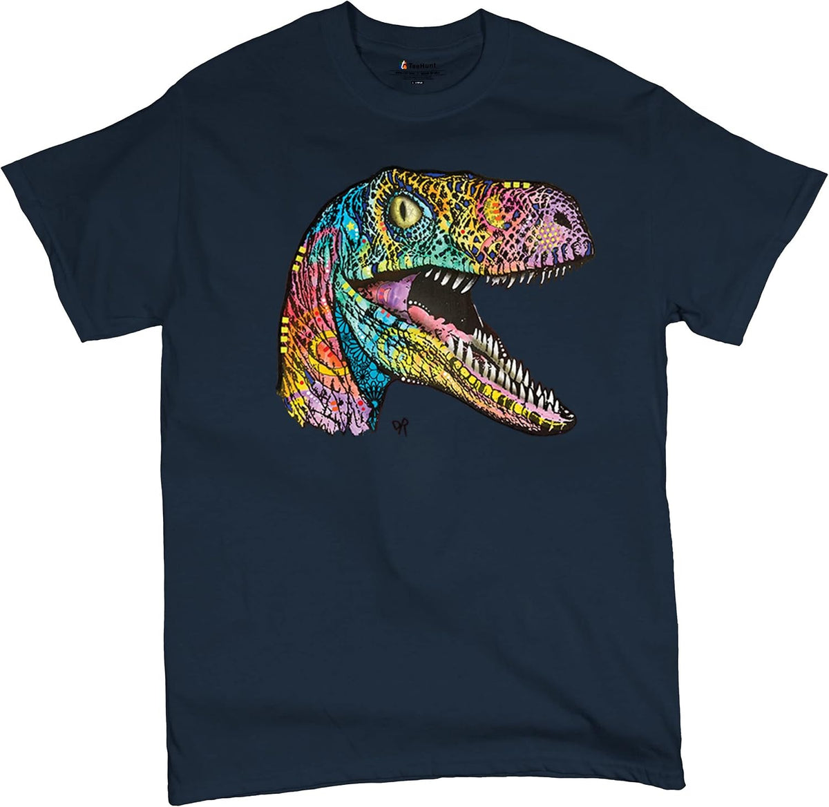 Colorful Raptor T-Shirt Dean Russo Neon Dinosaur Pattern Men's Tee - Navy Blue