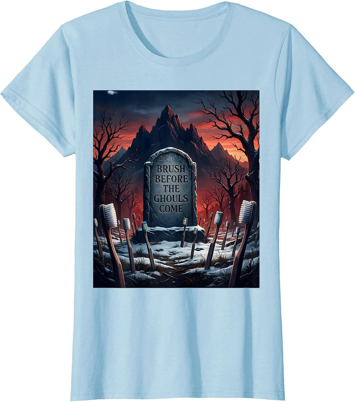 Halloween Dental Toothbrush Graveyard Design T-Shirt - Baby Blue