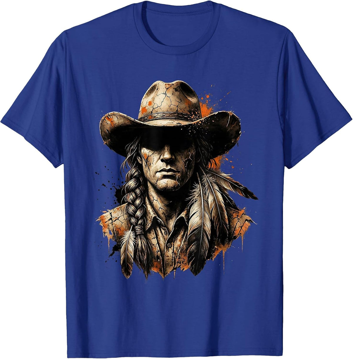 Cowgirl Braided Hair Feathers Western Illustration T-Shirt - Royal Blue
