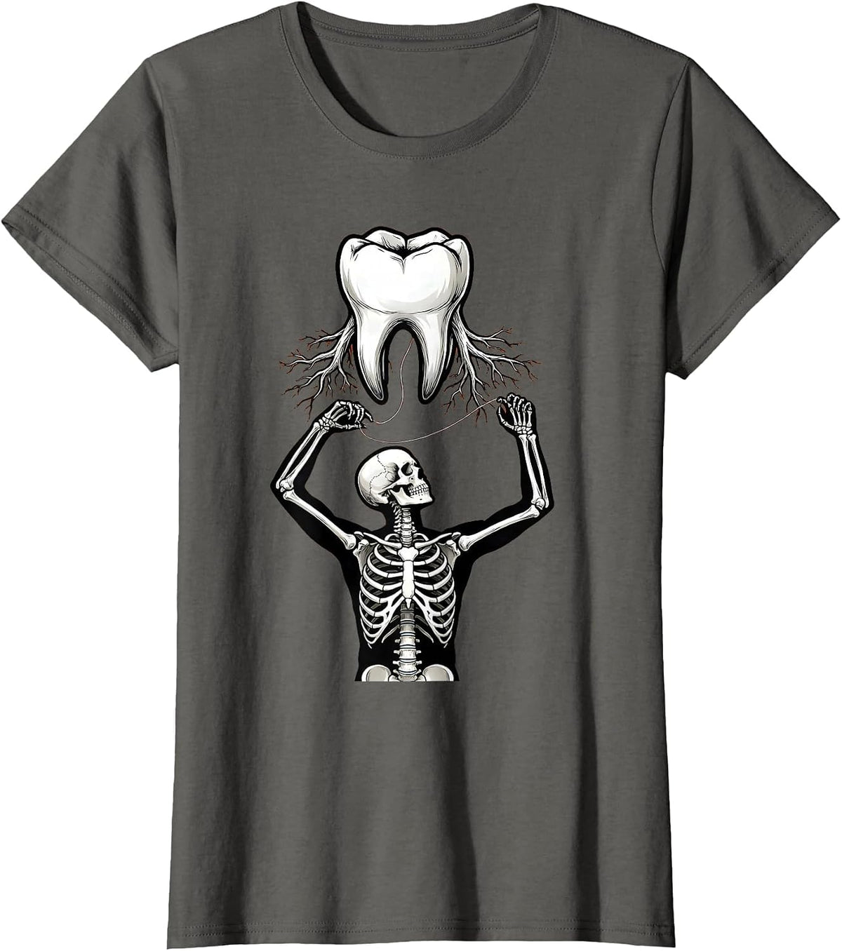 Women's Halloween Skeleton Flossing Molar Dental Halloween T-Shirt - Asphalt Grey