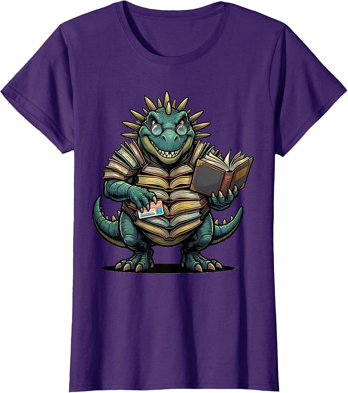 Women's Dinosaur Reading Teacher Librarian Bookworm Humor T-Shirt - Purple