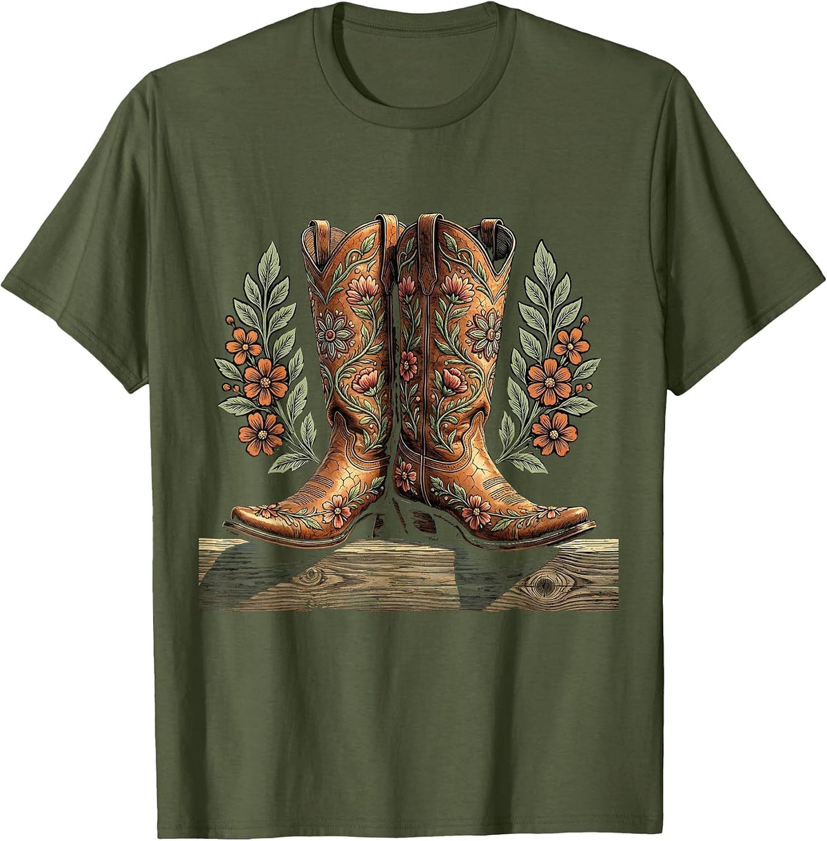 Cowgirl Boots on Fence Rail Rodeo Graphic T-Shirt - Olive Green