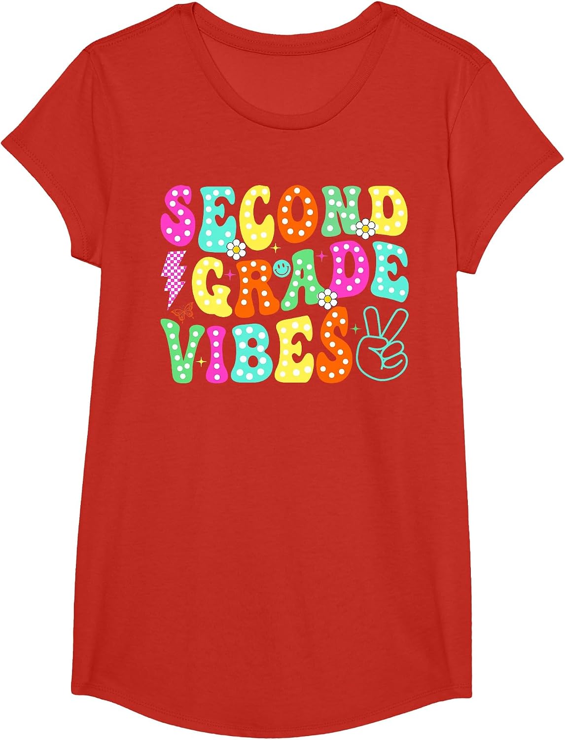 Second 2nd Grade Vibes Back to School Groovy Teacher Student T-Shirt - Girls Red