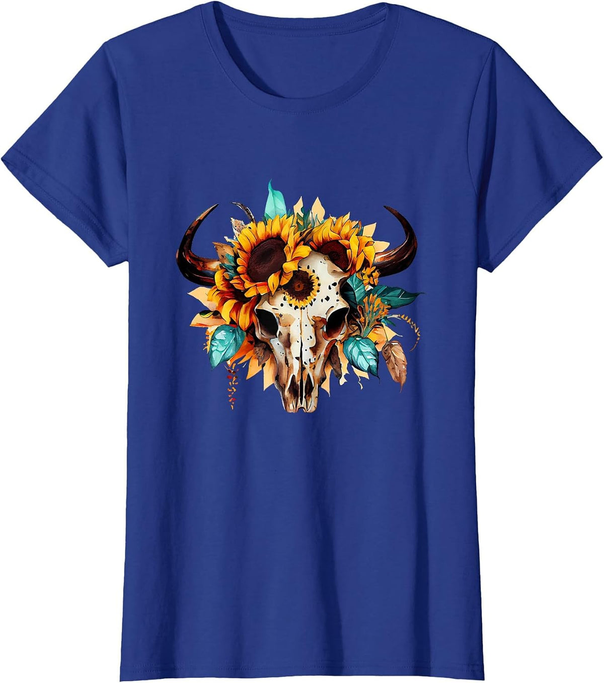 Boho Cow Skull Sunflower Vintage Western Aztec Cute Cowskull T-Shirt - Royal Blue