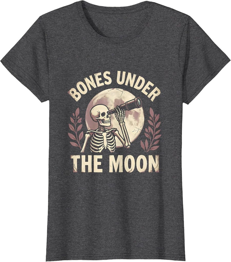 Women's Bones Under the Moon Halloween Skeleton Design T-Shirt - Dark Heather Grey