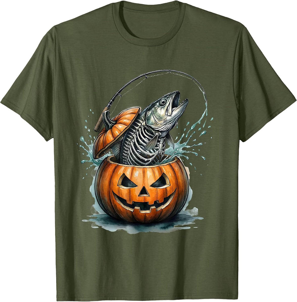 Watercolor Skeletal Trout Pumpkin Fishing Halloween T-Shirt - Olive Green