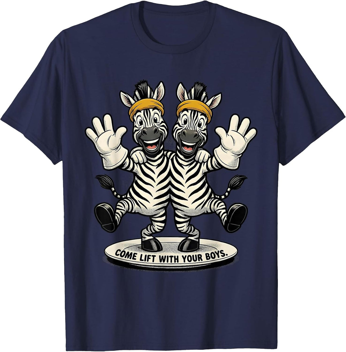 Men's Come Lift With Your Boys Retro Cartoon Zebra Duo Gym Humor T-Shirt - Navy Blue