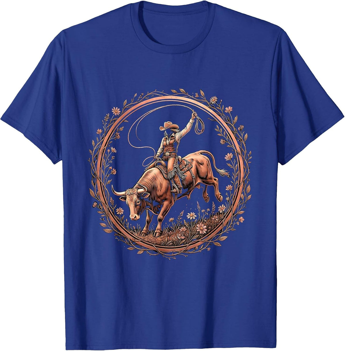 Cowgirl Bull Riding Rodeo Arena Graphic T-Shirt - Royal Blue