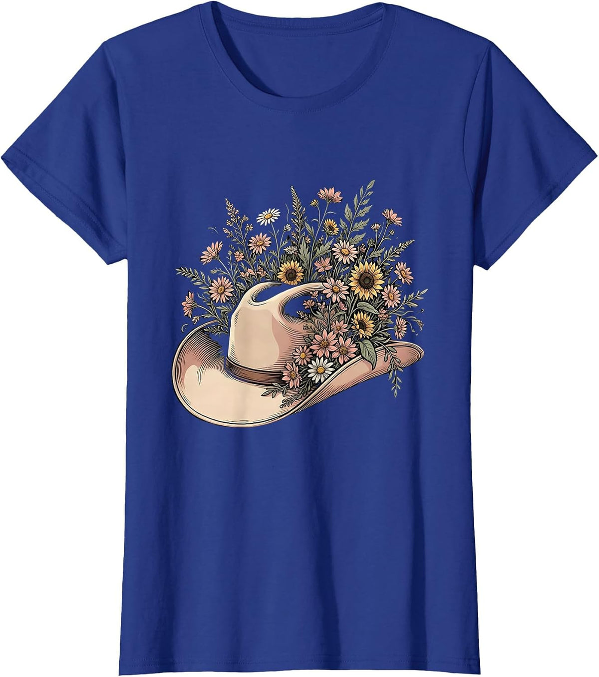Women's Cowgirl Hat Wildflowers Western Floral Illustration T-Shirt - Royal Blue
