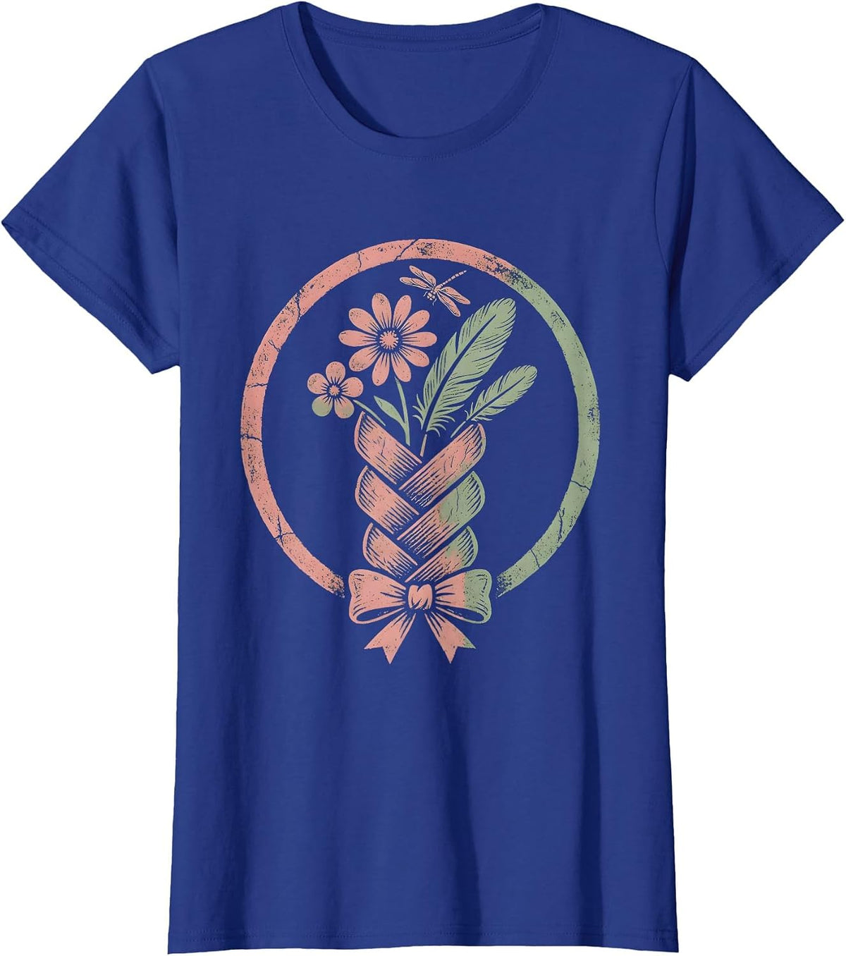 Women's Wildflower Braid Western Boho Hair Art T-Shirt - Royal Blue