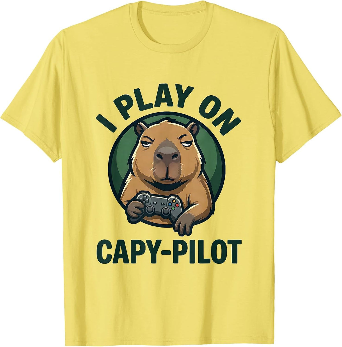Men's I Play On Capy-Pilot Funny Capybara Gamer Meme Humor T-Shirt - Lemon Yellow
